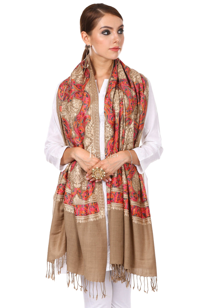 Pashtush India Gift Pack Pashtush His and Her Gift Set, Mens Fine Wool Checkered Stole with Womens Nalki Embroidered Stole, Beige