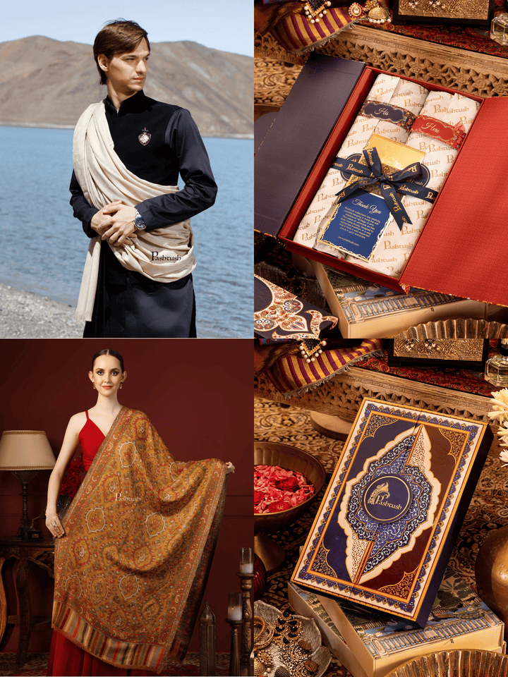 Pashtush India Gift Pack Pashtush His and Her Gift Set of 100% Pure Wool Shawl and Stole, Premium Gift Box Packaging, Beige and Mustard
