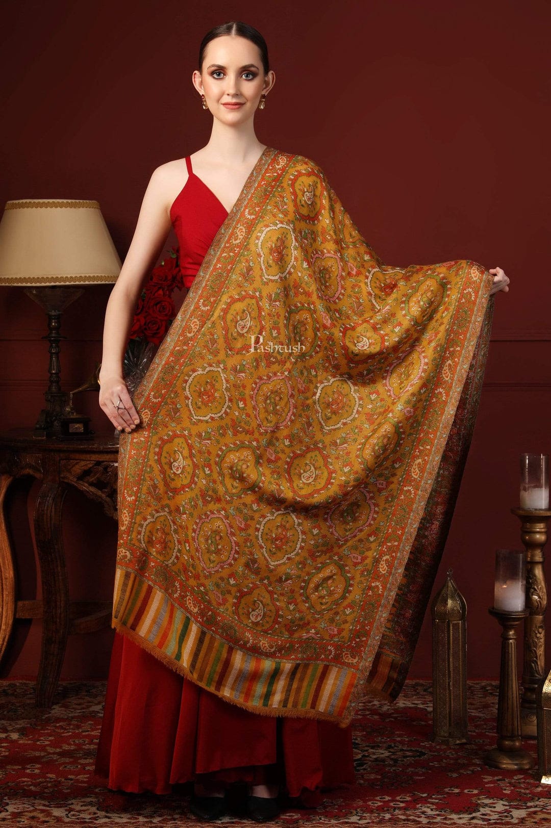 Pashtush India Gift Pack Pashtush His and Her Gift Set of 100% Pure Wool Shawl and Stole, Premium Gift Box Packaging, Beige and Mustard