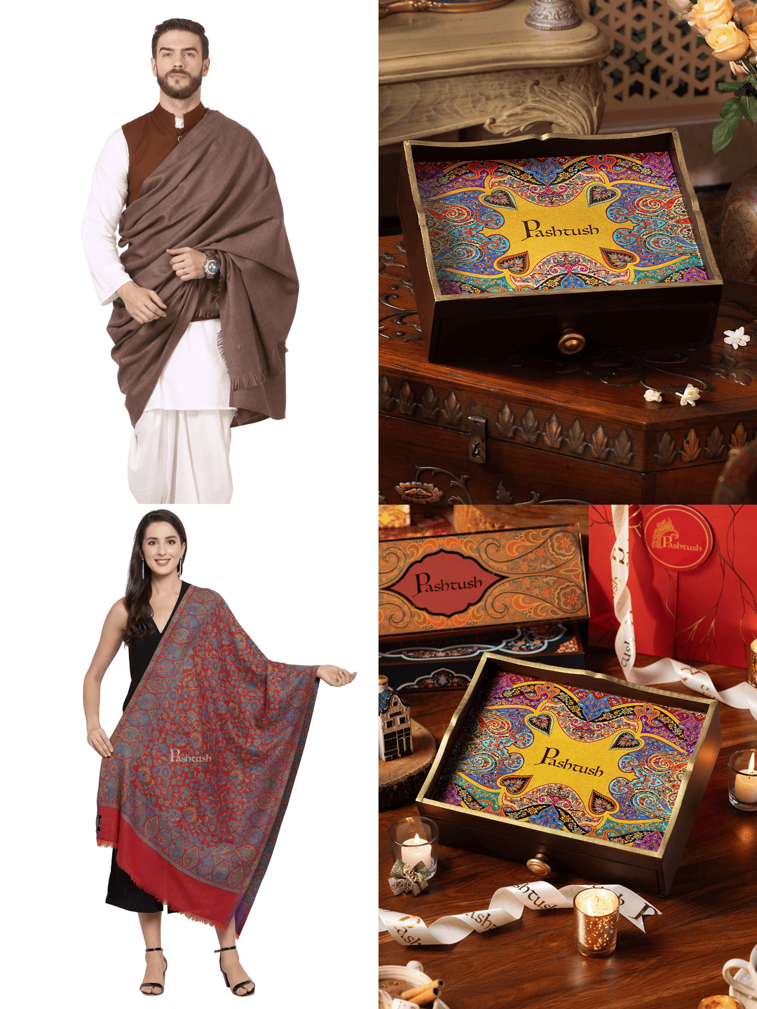 Pashtush India Gift Pack Pashtush His and Her Gift Set of 100% Pure Wool Shawls, Beige and Amber Red, Packaged in Keepsake Wooden Chester Gift Box