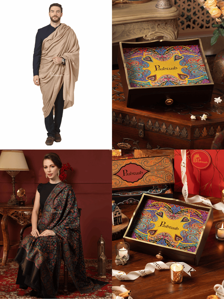 Pashtush India Gift Pack Pashtush His and Her Gift Set of 100% Pure Wool Shawls, Beige and Multicolour, Packaged in Keepsake Wooden Chester Gift Box