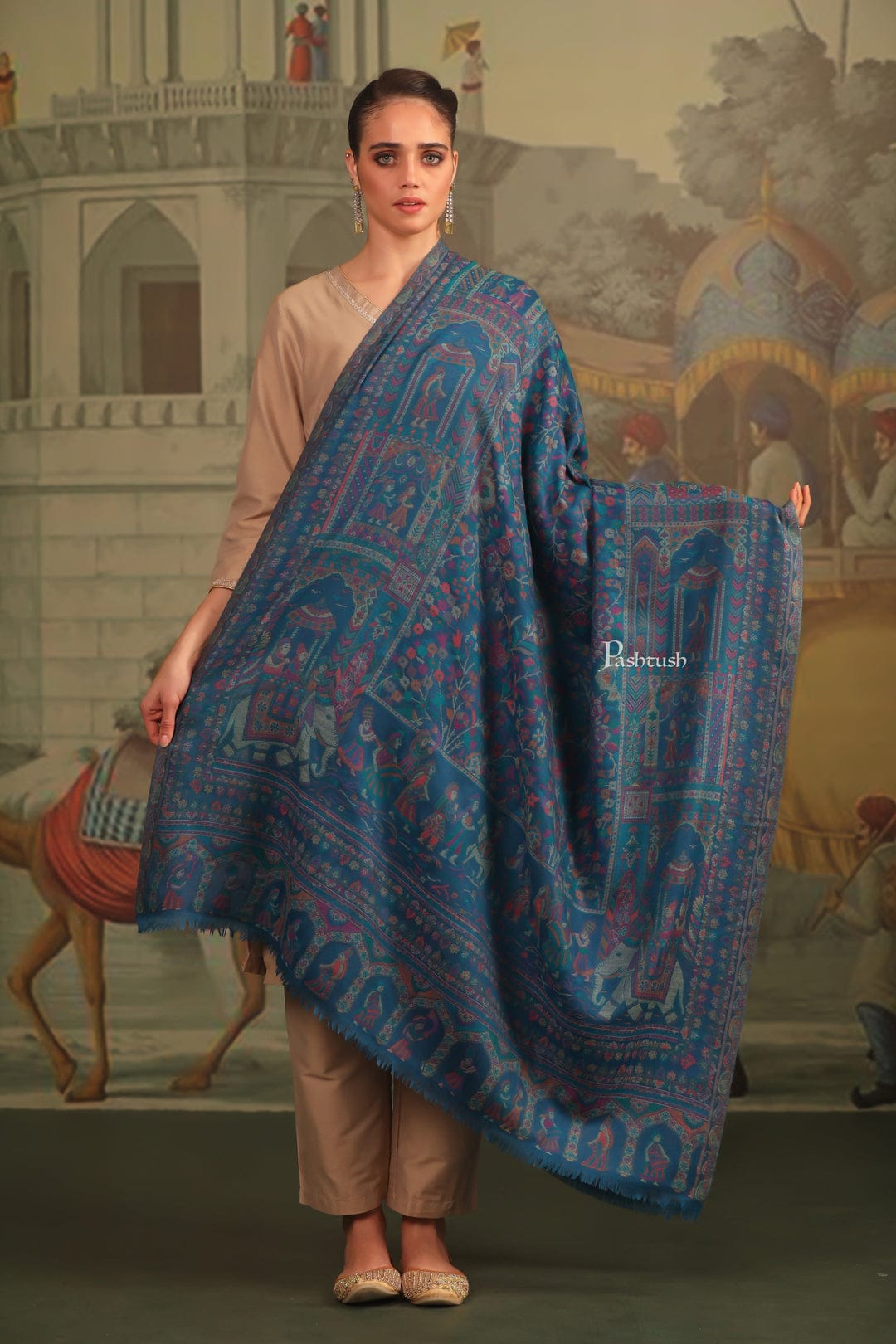 Pashtush India Gift Pack Pashtush His and Her Gift Set of 100% Pure Wool Stole and Shawl, Blue, Packaged in Keepsake Wooden Chester Gift Box