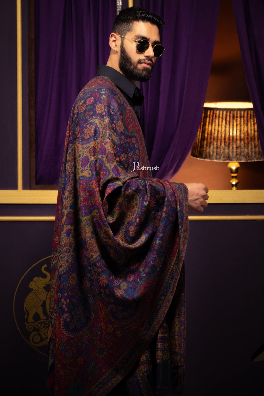 Pashtush India Gift Pack Pashtush His and Her Gift Set of 100% Pure Wool Stole and Shawl, Blue, Packaged in Keepsake Wooden Chester Gift Box