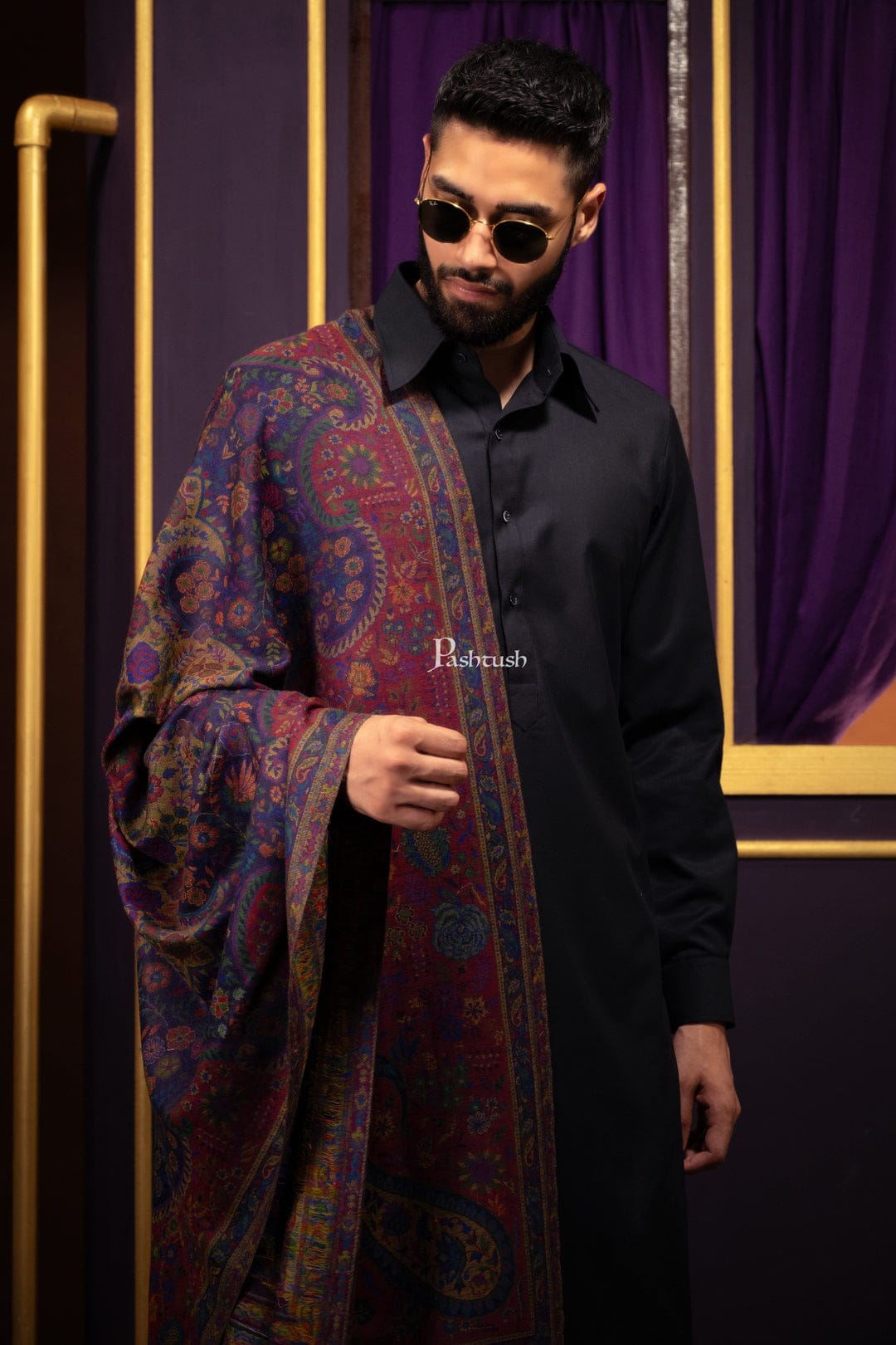 Pashtush India Gift Pack Pashtush His and Her Gift Set of 100% Pure Wool Stole and Shawl, Blue, Packaged in Keepsake Wooden Chester Gift Box