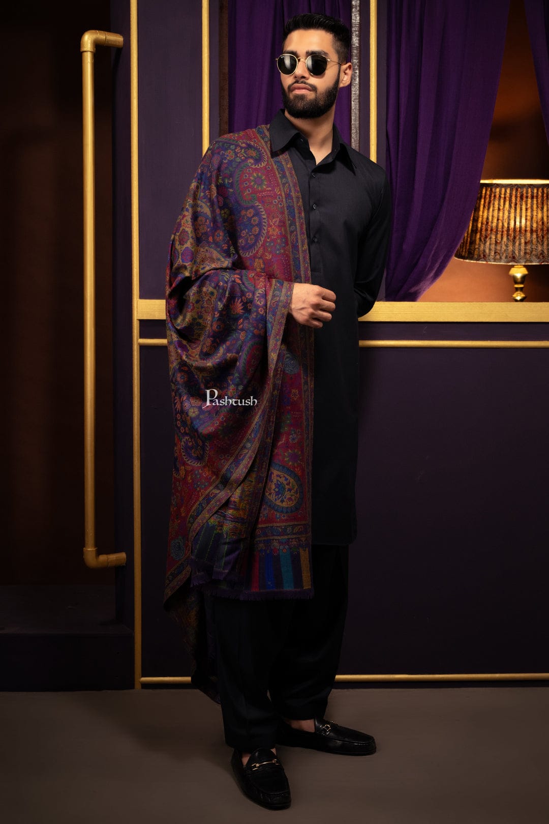 Pashtush India Gift Pack Pashtush His and Her Gift Set of 100% Pure Wool Stole and Shawl, Blue, Packaged in Keepsake Wooden Chester Gift Box