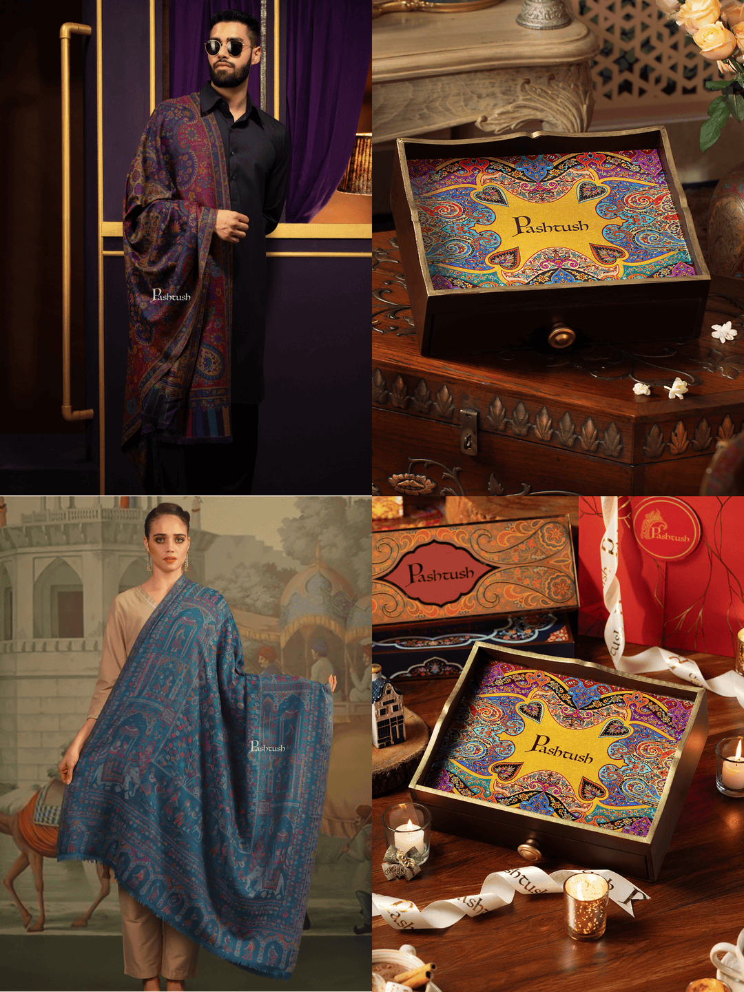 Pashtush India Gift Pack Pashtush His and Her Gift Set of 100% Pure Wool Stole and Shawl, Blue, Packaged in Keepsake Wooden Chester Gift Box