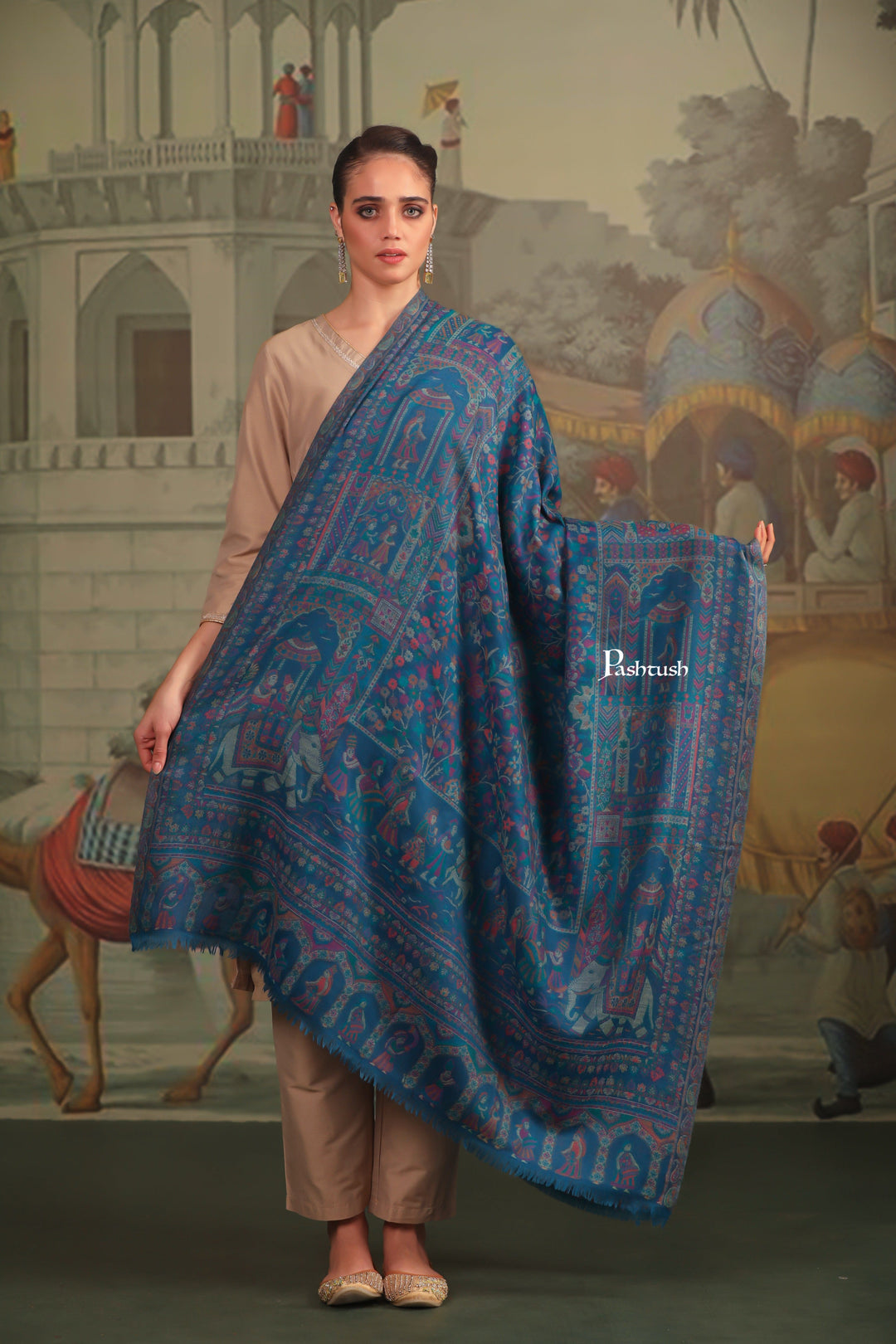 Pashtush India Gift Pack Pashtush His and Her Gift Set of 100% Pure Wool Stole and Shawl, Mustard and Blue, Packaged in Keepsake Wooden Chester Gift Box