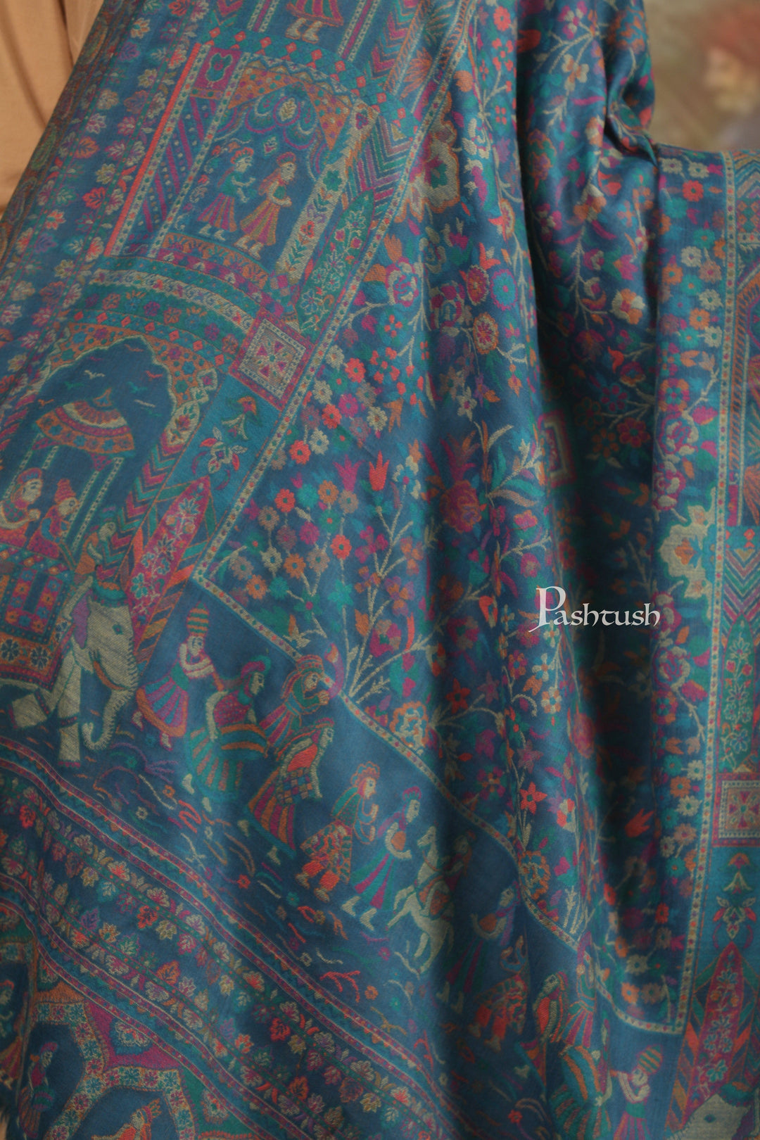 Pashtush India Gift Pack Pashtush His and Her Gift Set of 100% Pure Wool Stole and Shawl, Mustard and Blue, Packaged in Keepsake Wooden Chester Gift Box