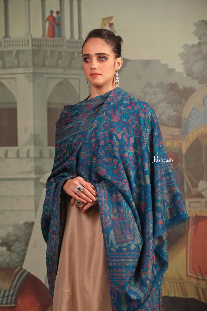 Pashtush India Gift Pack Pashtush His and Her Gift Set of 100% Pure Wool Stole and Shawl, Mustard and Blue, Packaged in Keepsake Wooden Chester Gift Box