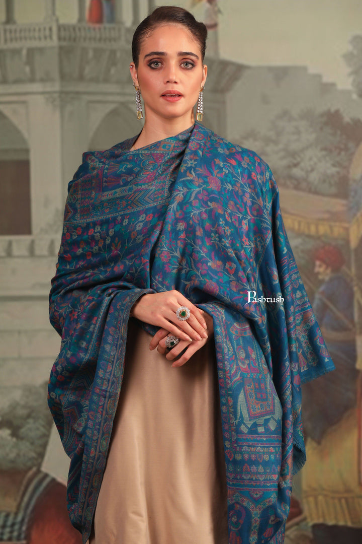 Pashtush India Gift Pack Pashtush His and Her Gift Set of 100% Pure Wool Stole and Shawl, Mustard and Blue, Packaged in Keepsake Wooden Chester Gift Box