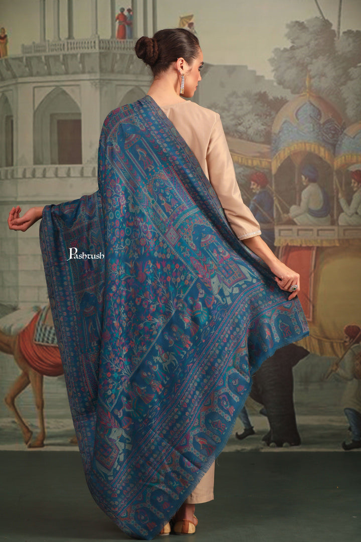 Pashtush India Gift Pack Pashtush His and Her Gift Set of 100% Pure Wool Stole and Shawl, Mustard and Blue, Packaged in Keepsake Wooden Chester Gift Box