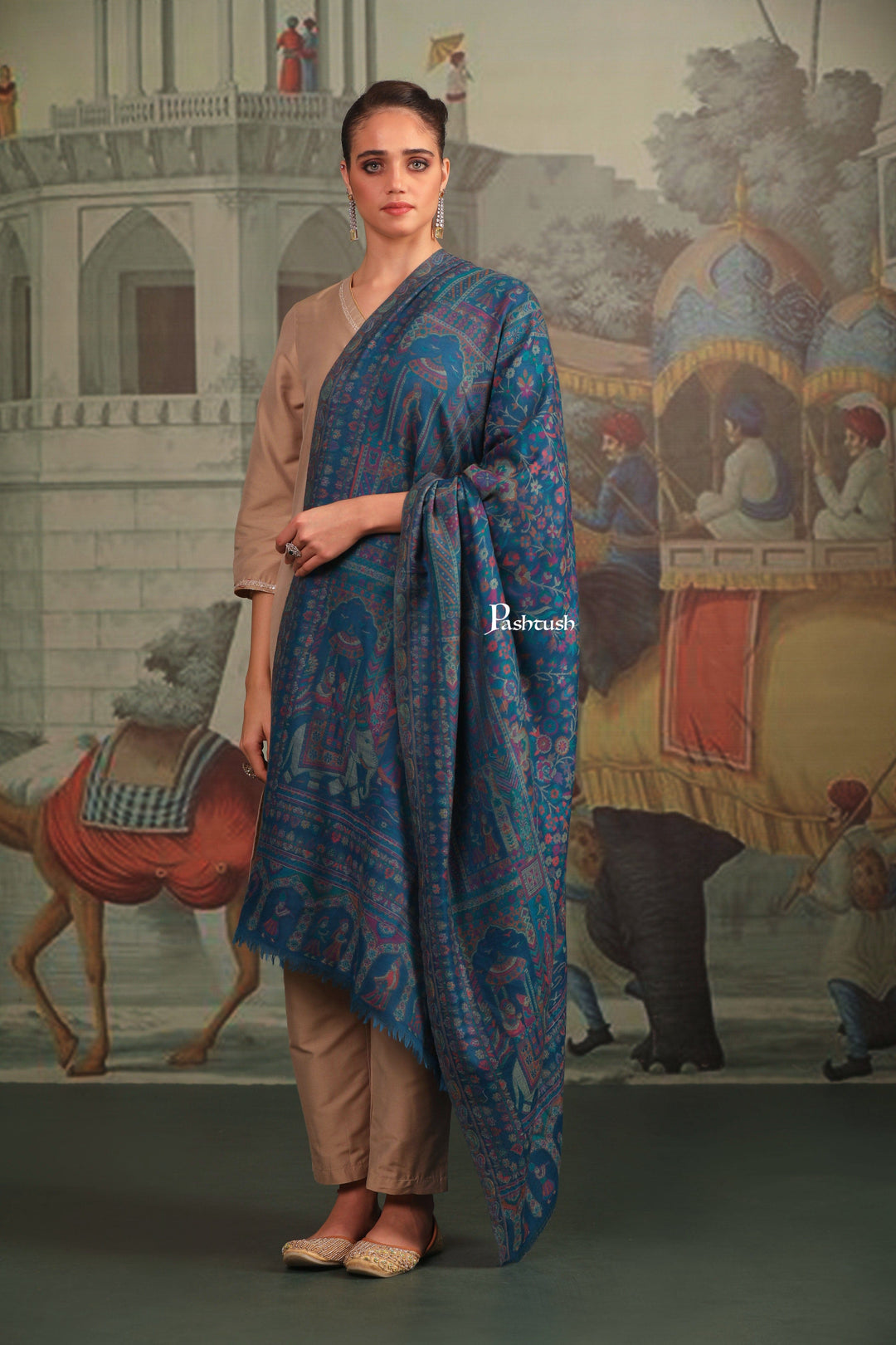 Pashtush India Gift Pack Pashtush His and Her Gift Set of 100% Pure Wool Stole and Shawl, Mustard and Blue, Packaged in Keepsake Wooden Chester Gift Box