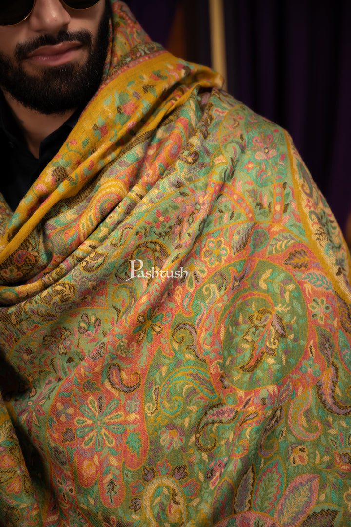 Pashtush India Gift Pack Pashtush His and Her Gift Set of 100% Pure Wool Stole and Shawl, Mustard and Blue, Packaged in Keepsake Wooden Chester Gift Box