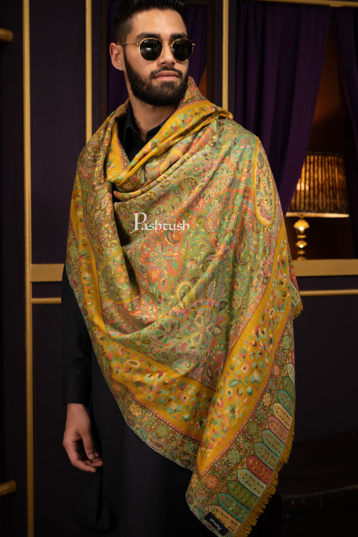 Pashtush India Gift Pack Pashtush His and Her Gift Set of 100% Pure Wool Stole and Shawl, Mustard and Blue, Packaged in Keepsake Wooden Chester Gift Box