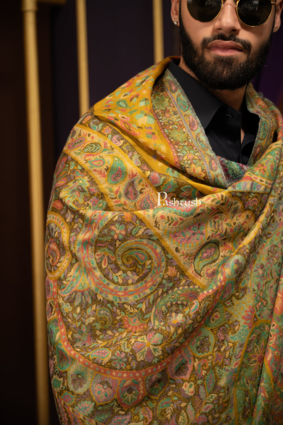 Pashtush India Gift Pack Pashtush His and Her Gift Set of 100% Pure Wool Stole and Shawl, Mustard and Blue, Packaged in Keepsake Wooden Chester Gift Box