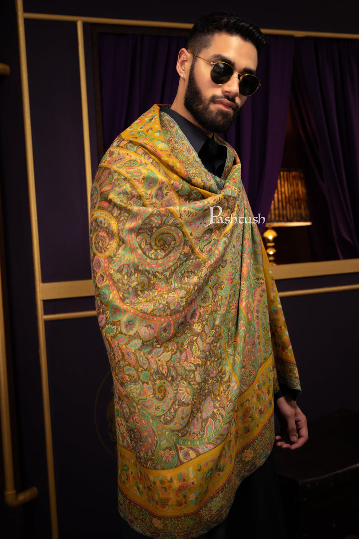 Pashtush India Gift Pack Pashtush His and Her Gift Set of 100% Pure Wool Stole and Shawl, Mustard and Blue, Packaged in Keepsake Wooden Chester Gift Box