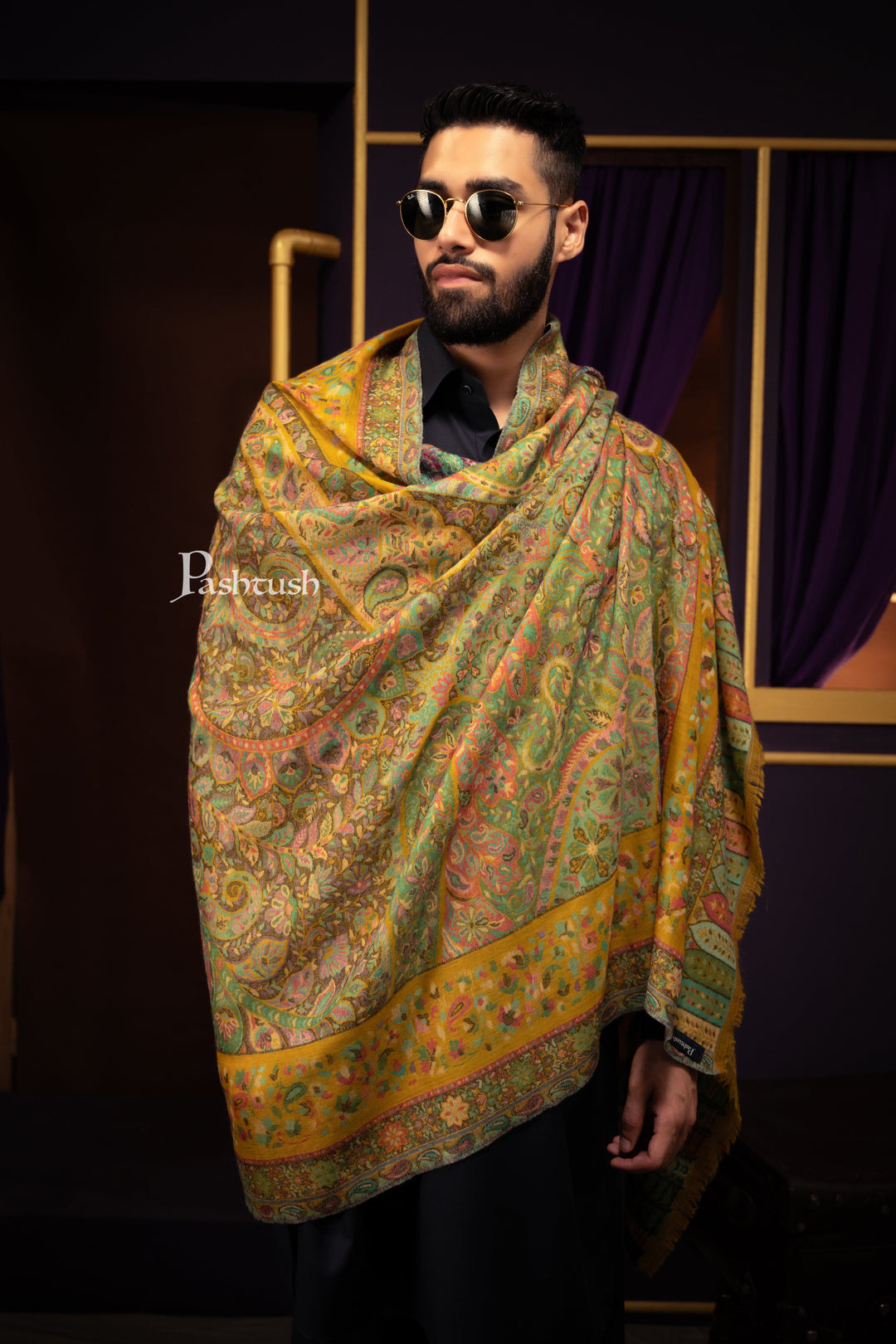 Pashtush India Gift Pack Pashtush His and Her Gift Set of 100% Pure Wool Stole and Shawl, Mustard and Blue, Packaged in Keepsake Wooden Chester Gift Box