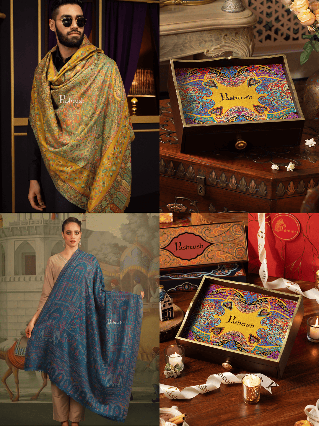 Pashtush India Gift Pack Pashtush His and Her Gift Set of 100% Pure Wool Stole and Shawl, Mustard and Blue, Packaged in Keepsake Wooden Chester Gift Box