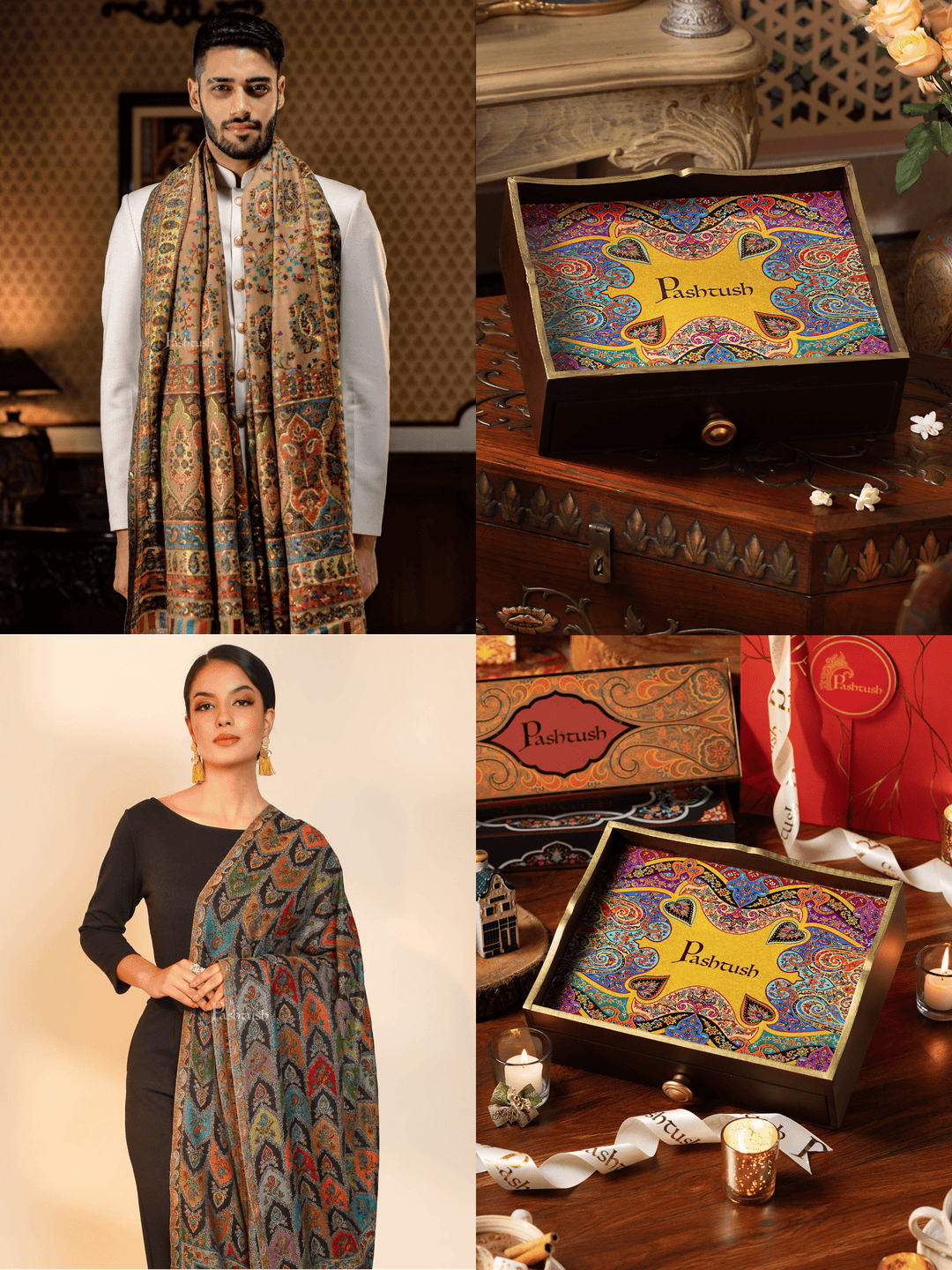 Pashtush India Gift Pack Pashtush His and Her Gift Set of 100% Pure Wool Stoles, Beige and Black, Packaged in Keepsake Wooden Chester Gift Box