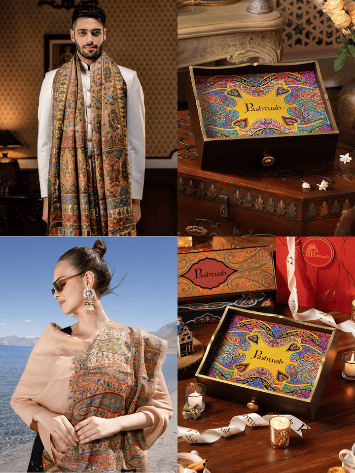 Pashtush India Gift Pack Pashtush His and Her Gift Set of 100% Pure Wool Stoles, Beige, Packaged in Keepsake Wooden Chester Gift Box