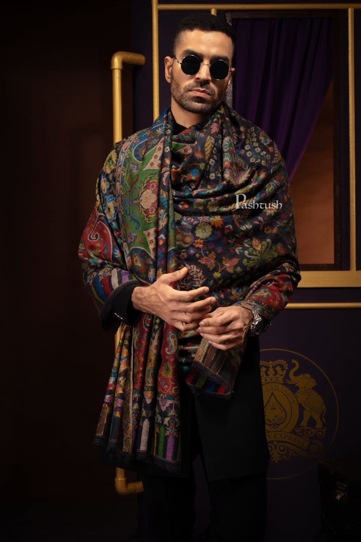 Pashtush India Gift Pack Pashtush His and Her Gift Set of 100% Pure Wool Stoles, Black and Multicoloured, Packaged in Keepsake Wooden Chester Gift Box