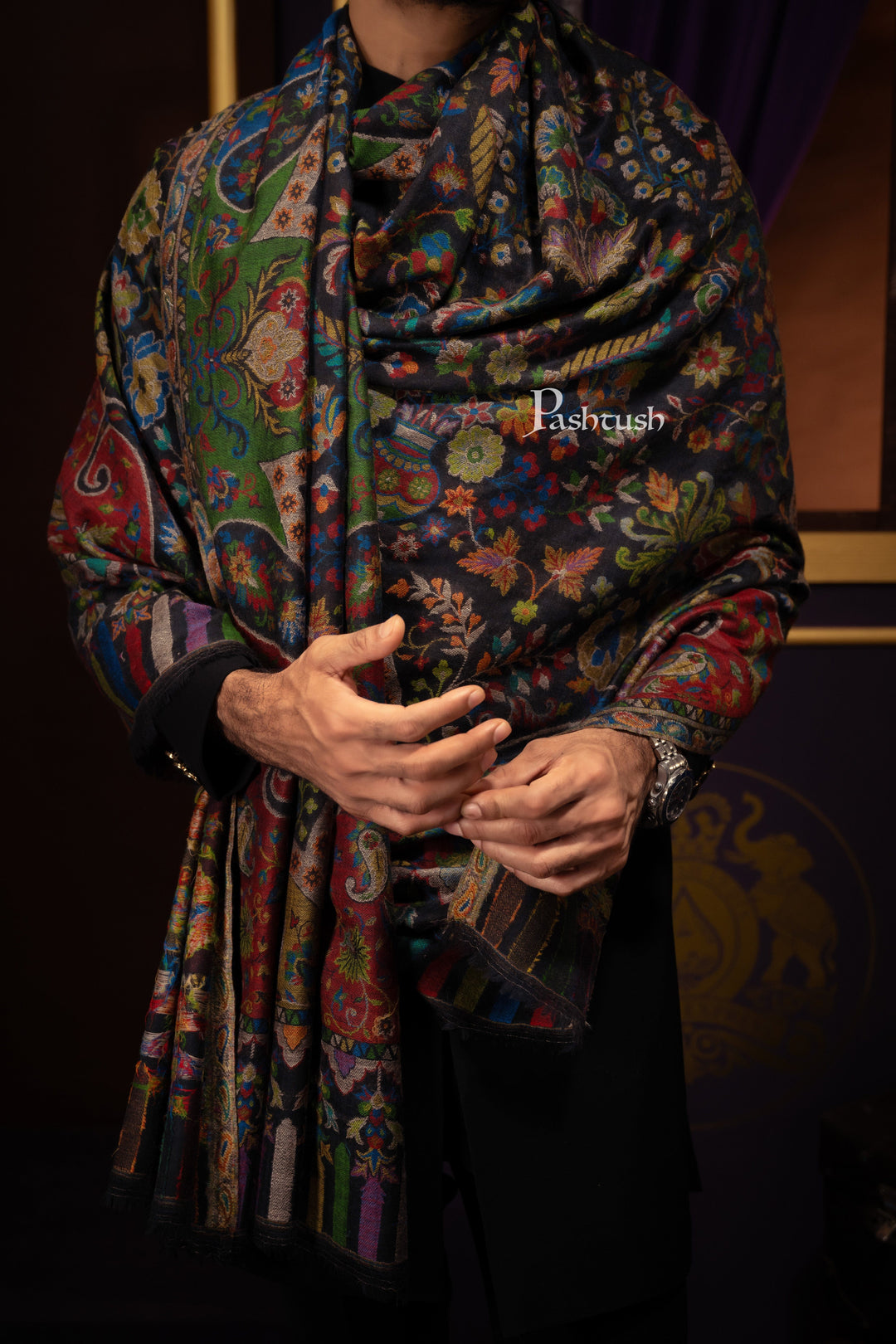 Pashtush India Gift Pack Pashtush His and Her Gift Set of 100% Pure Wool Stoles, Black and Multicoloured, Packaged in Keepsake Wooden Chester Gift Box