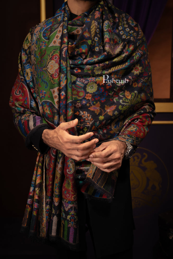 Pashtush India Gift Pack Pashtush His and Her Gift Set of 100% Pure Wool Stoles, Black and Multicoloured, Packaged in Keepsake Wooden Chester Gift Box