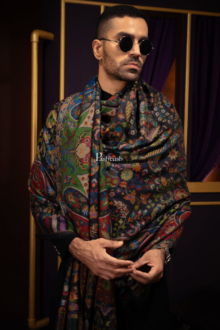 Pashtush India Gift Pack Pashtush His and Her Gift Set of 100% Pure Wool Stoles, Black and Multicoloured, Packaged in Keepsake Wooden Chester Gift Box