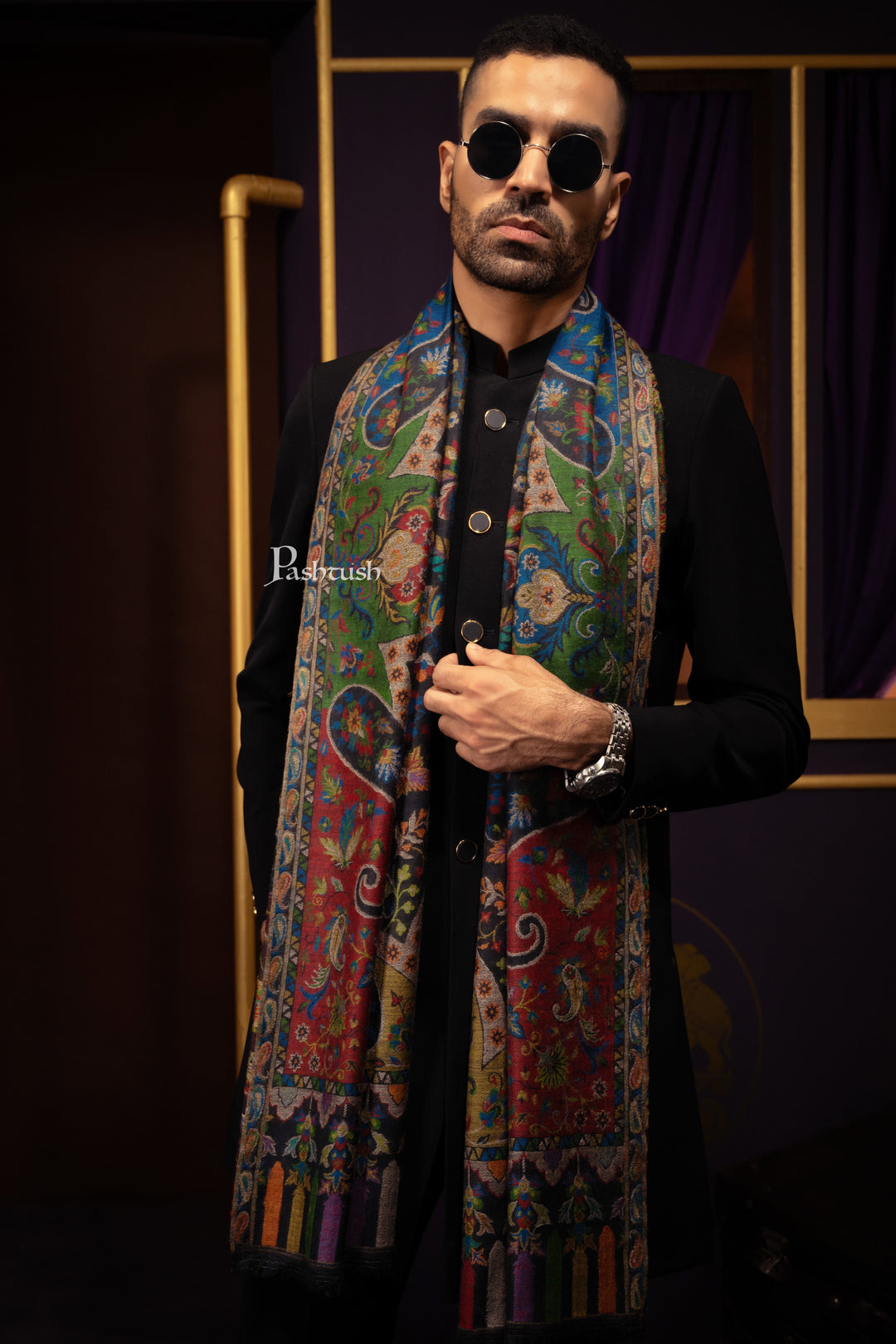 Pashtush India Gift Pack Pashtush His and Her Gift Set of 100% Pure Wool Stoles, Black and Multicoloured, Packaged in Keepsake Wooden Chester Gift Box