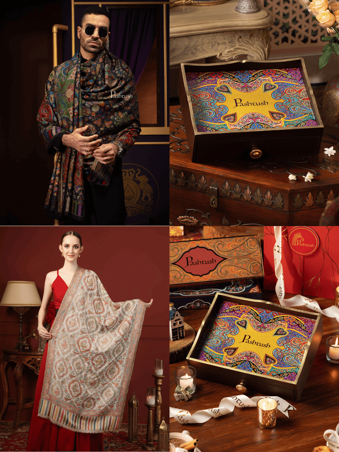 Pashtush India Gift Pack Pashtush His and Her Gift Set of 100% Pure Wool Stoles, Black and Multicoloured, Packaged in Keepsake Wooden Chester Gift Box