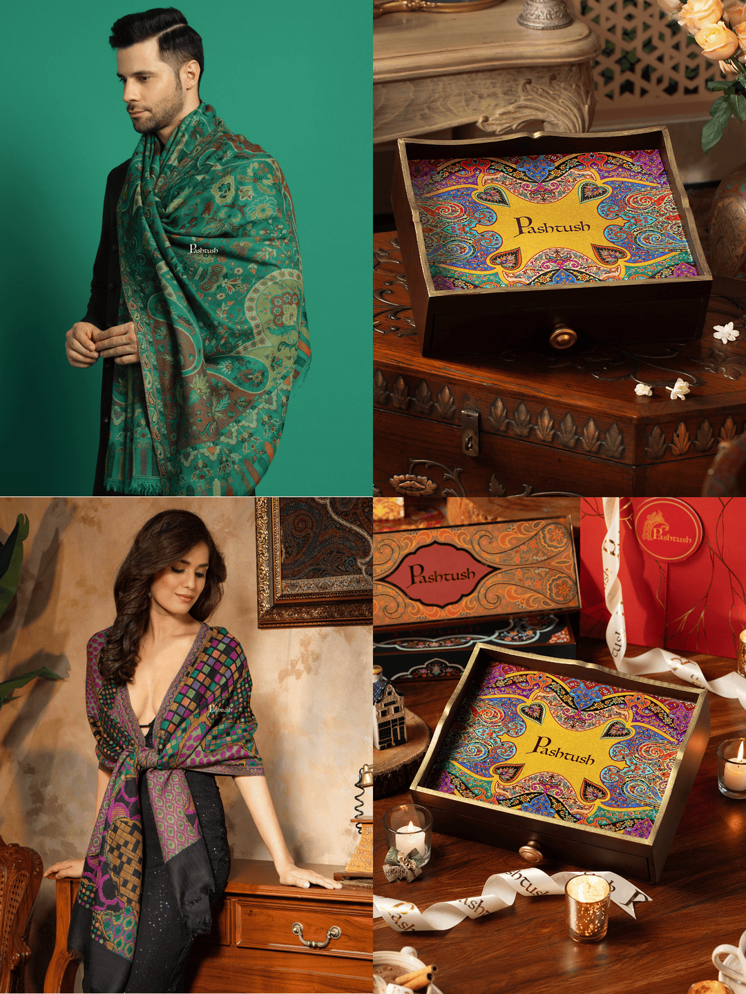 Pashtush India Gift Pack Pashtush His and Her Gift Set of 100% Pure Wool Stoles, Green and Black, Packaged in Keepsake Wooden Chester Gift Box