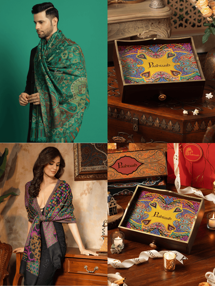 Pashtush India Gift Pack Pashtush His and Her Gift Set of 100% Pure Wool Stoles, Green and Black, Packaged in Keepsake Wooden Chester Gift Box
