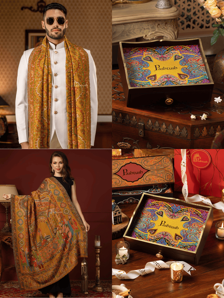 Pashtush India Gift Pack Pashtush His and Her Gift Set of 100% Pure Wool Stoles,Multicoloured, Packaged in Keepsake Wooden Chester Gift Box