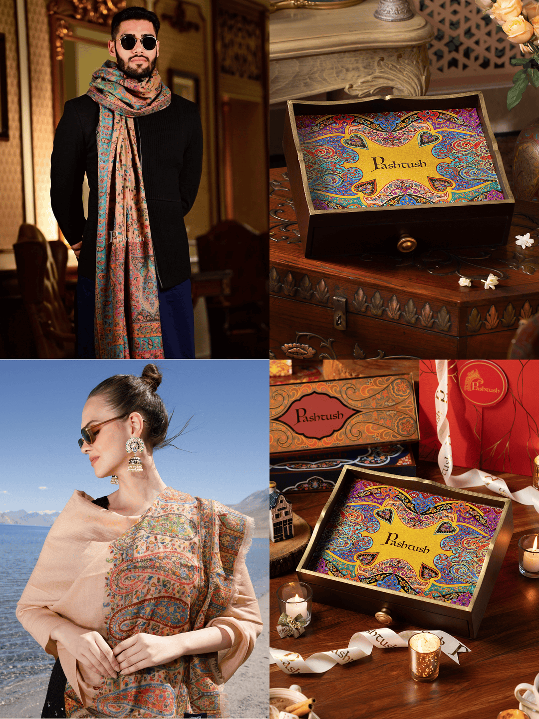Pashtush India Gift Pack Pashtush His and Her Gift Set of 100% Pure Wool Stoles, Multicoloured, Packaged in Keepsake Wooden Chester Gift Box