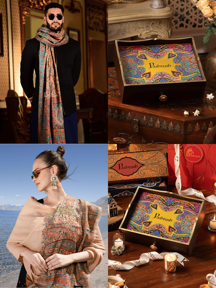 Pashtush India Gift Pack Pashtush His and Her Gift Set of 100% Pure Wool Stoles, Multicoloured, Packaged in Keepsake Wooden Chester Gift Box