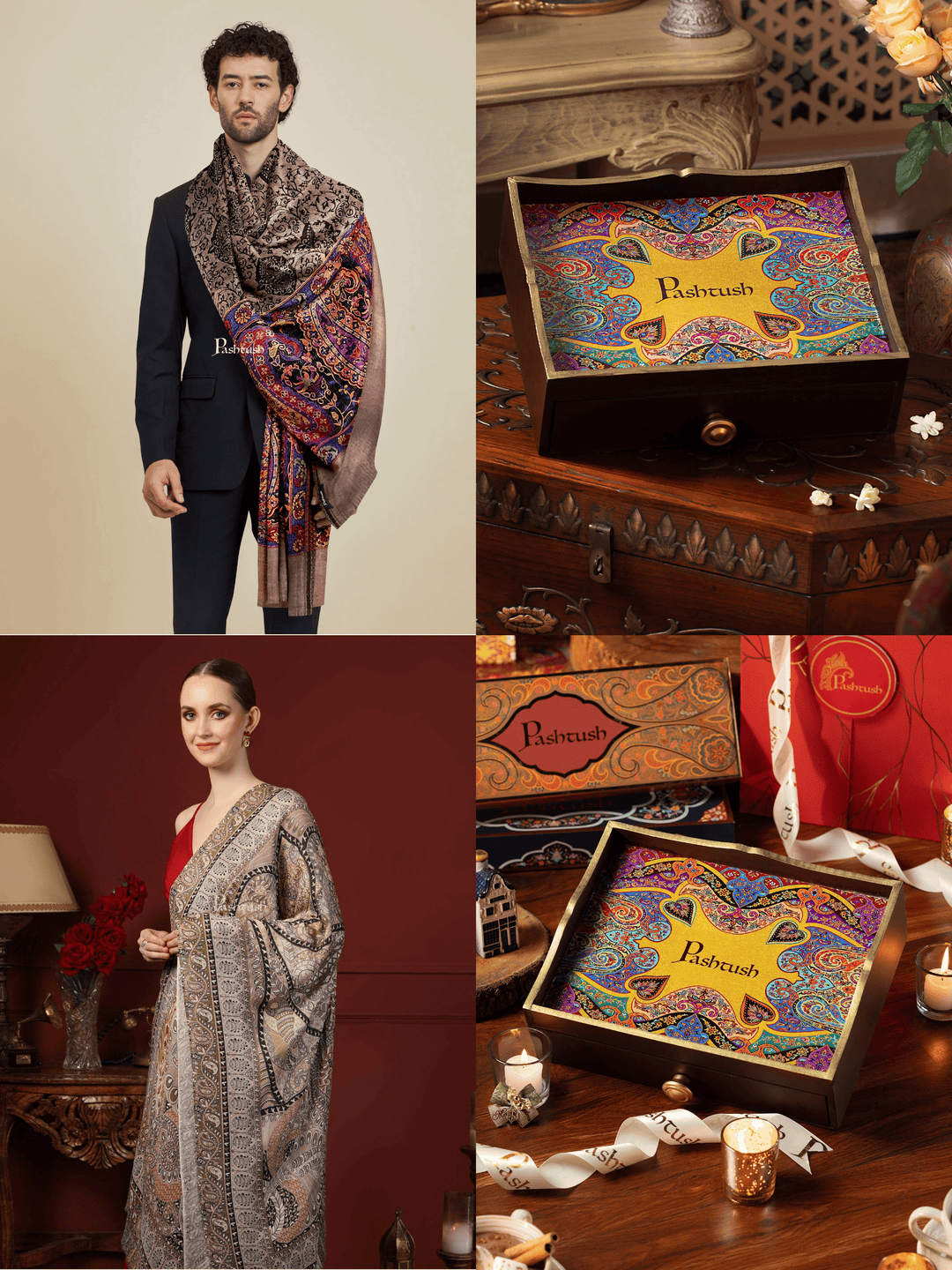 Pashtush India Gift Pack Pashtush His and Her Gift Set of Bamboo Stoles, Multicoloured, Packaged in Keepsake Wooden Chester Gift Box