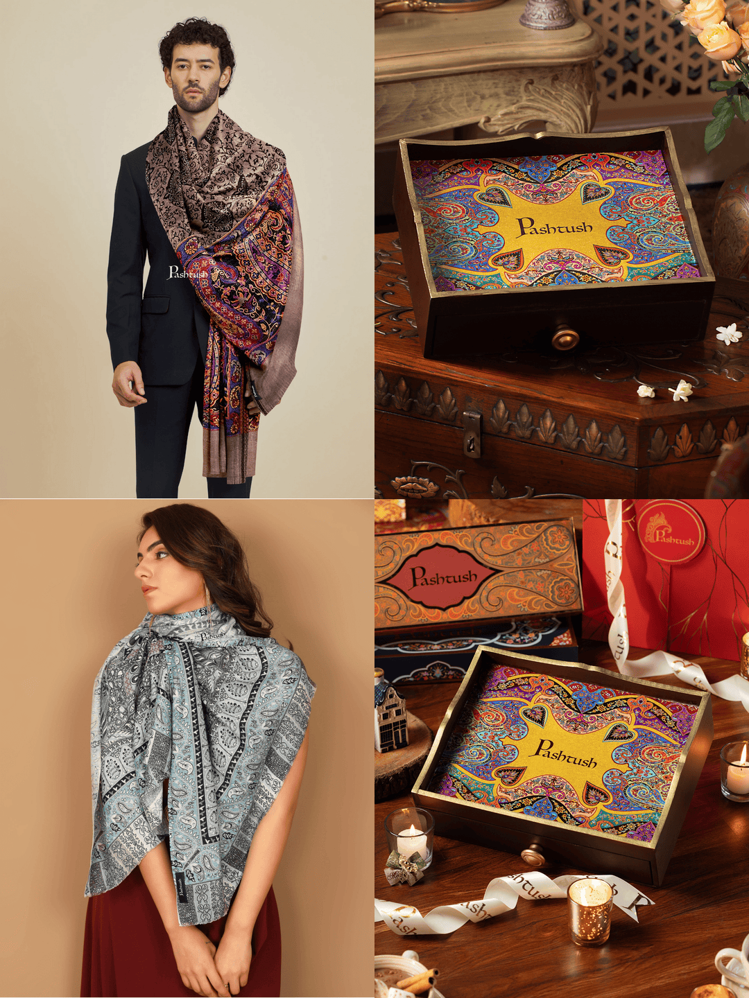 Pashtush India Gift Pack Pashtush His and Her Gift Set of Bamboo Stoles, Multicoloured, Packaged in Keepsake Wooden Chester Gift Box