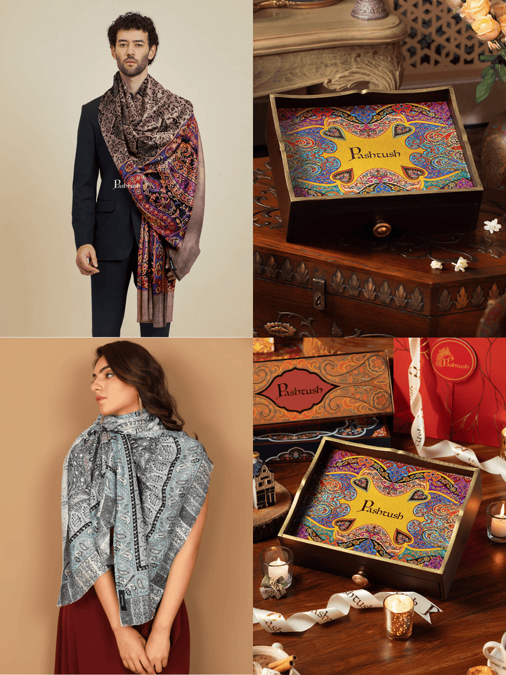 Pashtush India Gift Pack Pashtush His and Her Gift Set of Bamboo Stoles, Multicoloured, Packaged in Keepsake Wooden Chester Gift Box