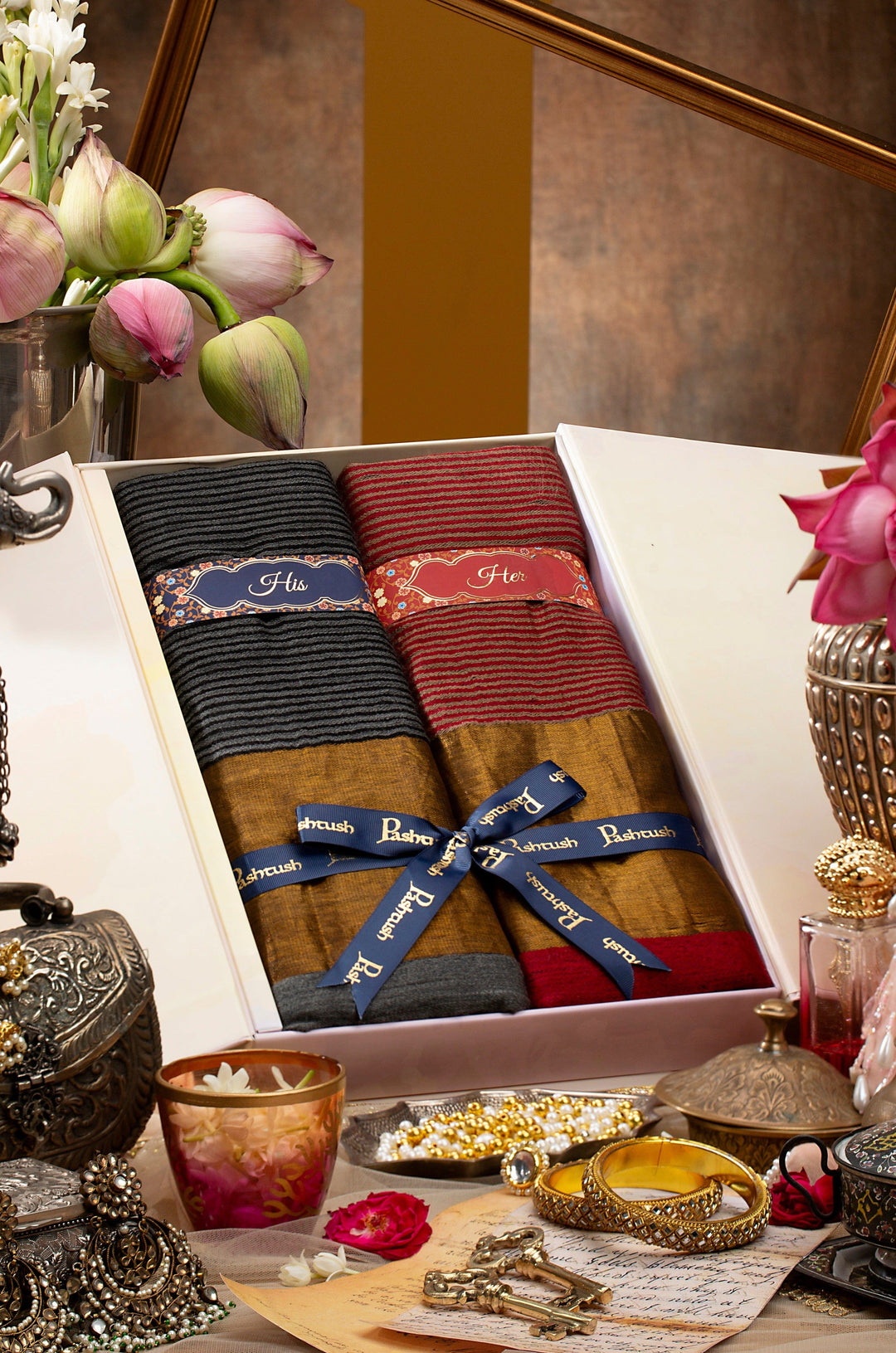 Pashtush India Gift Pack Pashtush His And Her Gift Set Of Banded Twilight Stoles With Premium Gift Box Packaging, Grey And Maroon