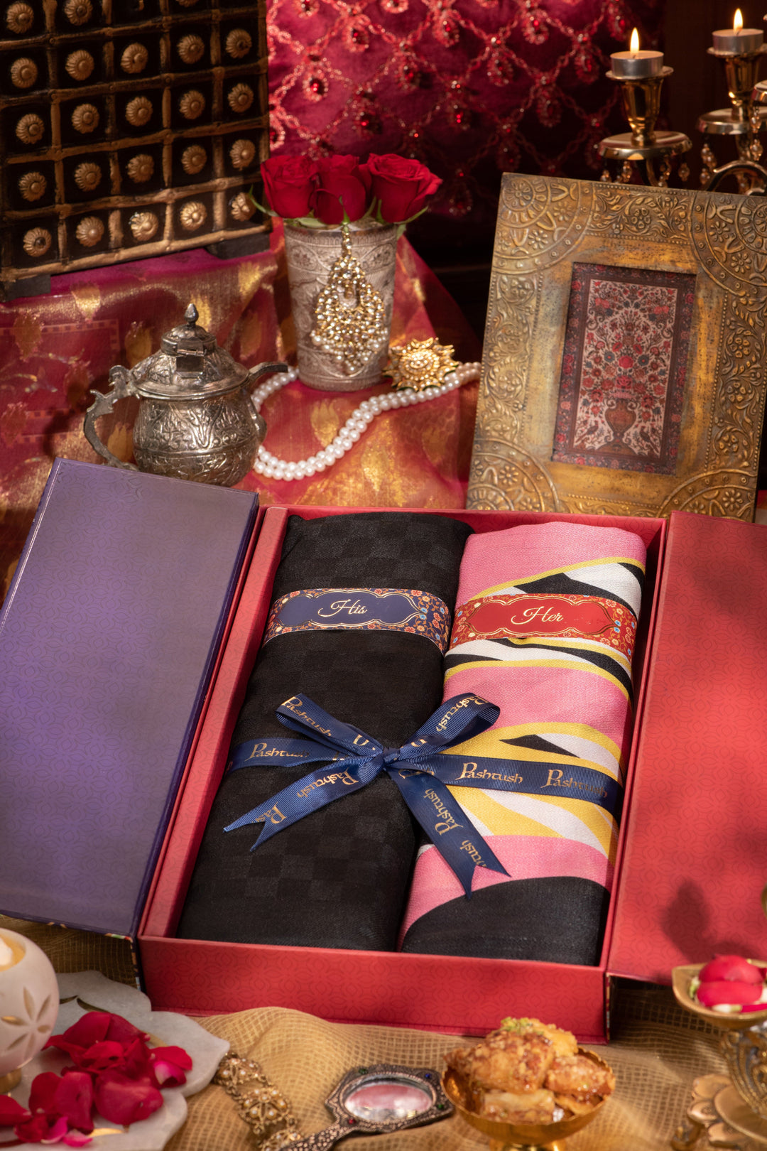 Pashtush India Gift Pack Pashtush His And Her Gift Set Of Checkered Fine Wool Stole and Printed Bamboo Stole With Premium Gift Box Packaging, Black and Multicolour