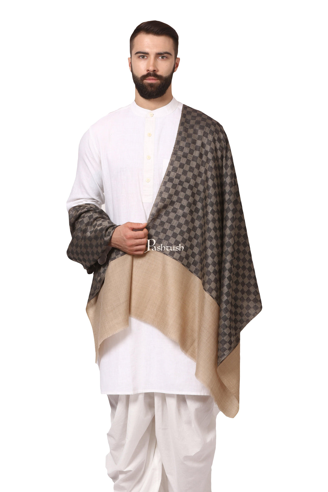 Pashtush India Gift Pack Pashtush His And Her Gift Set Of Checkered Stole And Embroidery Shawl With Premium Gift Box Packaging, Black and Beige