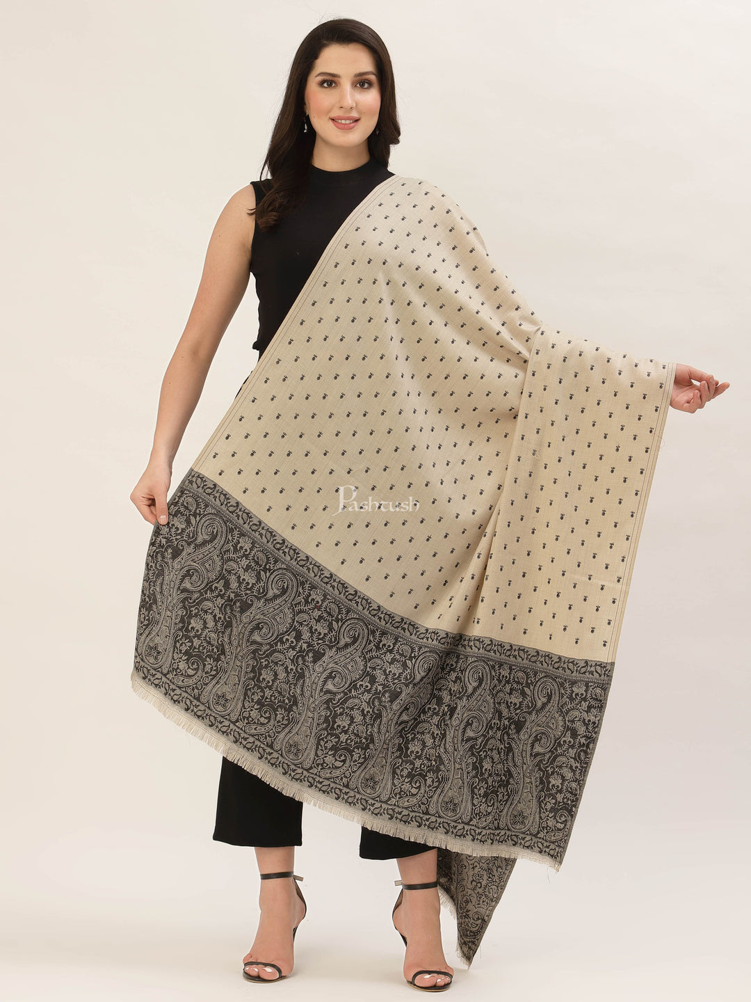 Pashtush India Gift Pack Pashtush His And Her Gift Set Of Checkered Stole And Embroidery Shawl With Premium Gift Box Packaging, Black and Beige