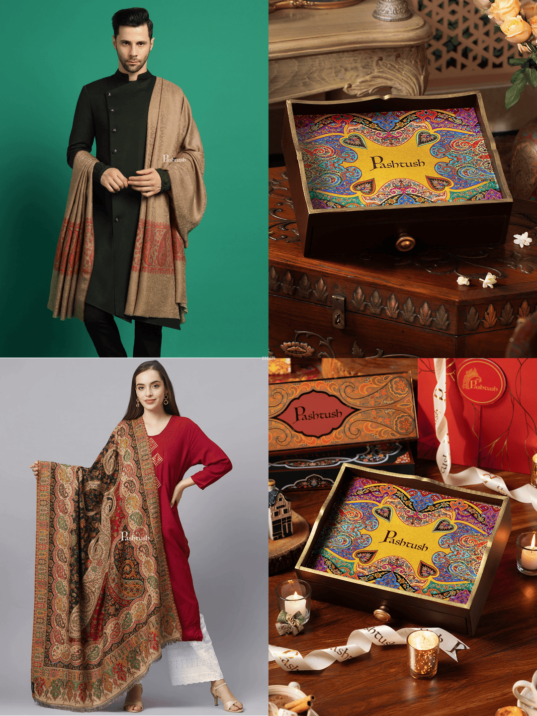 Pashtush India Gift Pack Pashtush His and Her Gift Set of Extra Fine Wool Shawls, Taupe and Multicolour, Packaged in Keepsake Wooden Chester Gift Box