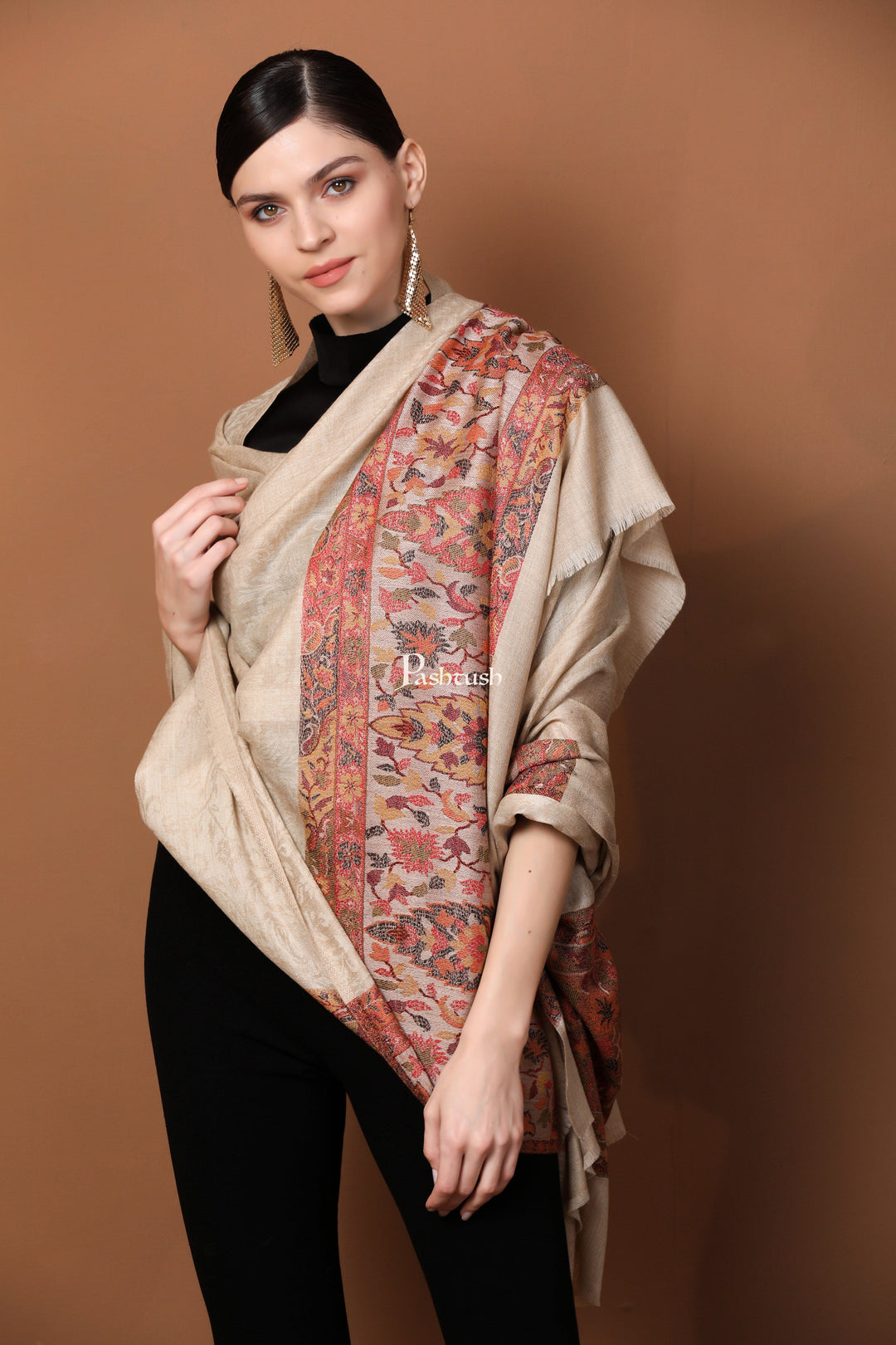 Pashtush India Gift Pack Pashtush His And Her Gift Set Of Extra Fine Wool Stole and Shawl With Premium Gift Box Packaging, Beige