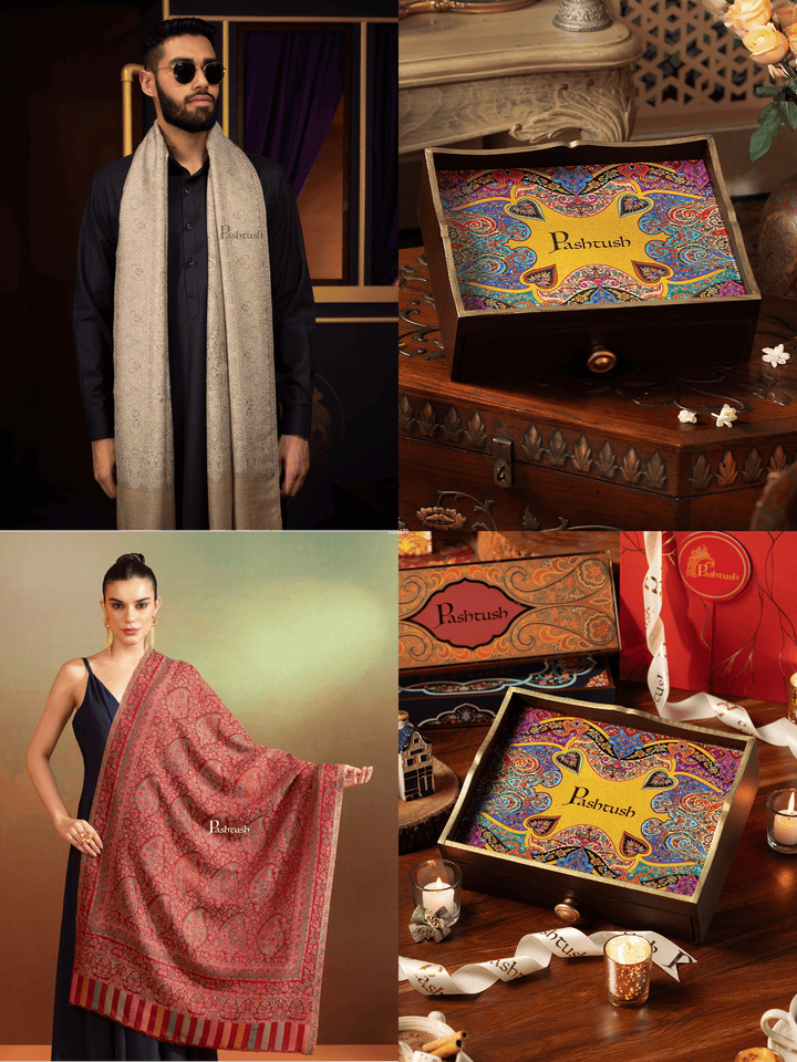 Pashtush India Gift Pack Pashtush His and Her Gift Set of Extra Fine Wool Stoles, Taupe and Maroon, Packaged in Keepsake Wooden Chester Gift Box