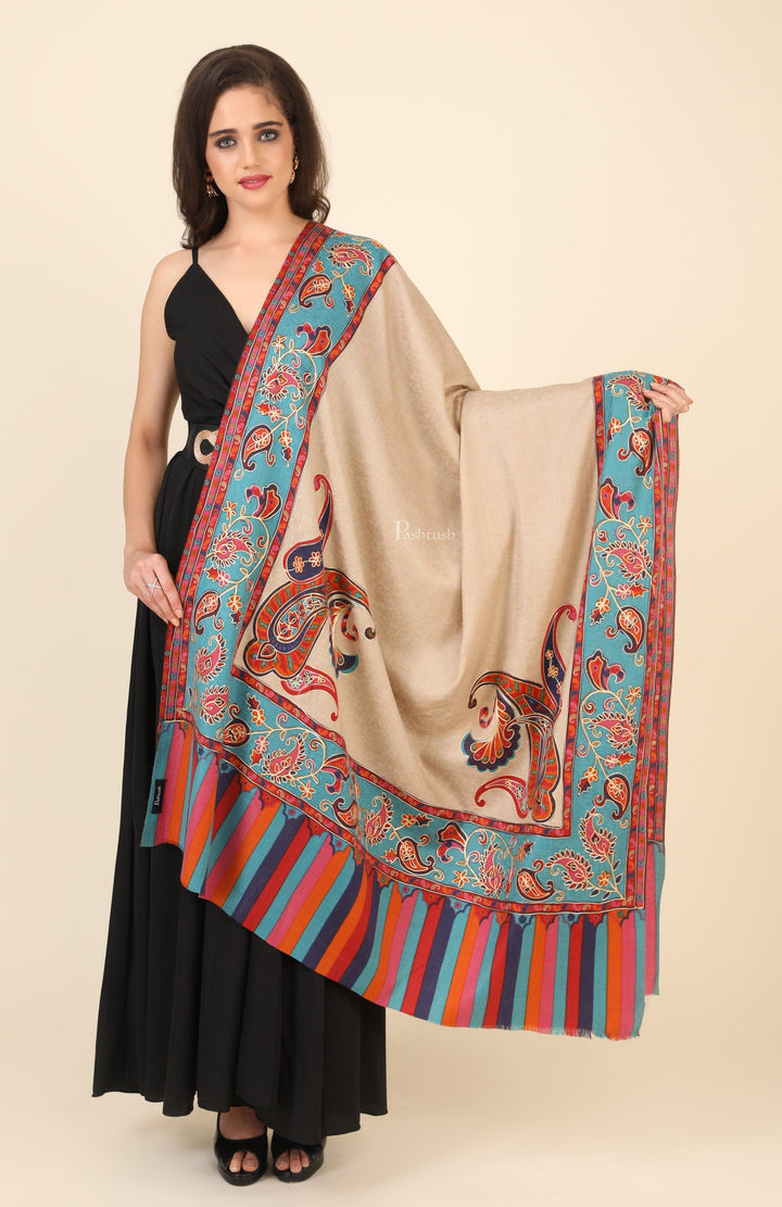 Pashtush India Gift Pack Pashtush His And Her Gift Set Of Fine Wool Hand Embroidery Shawls With Wooden Chester Box, Beige and Multicolour