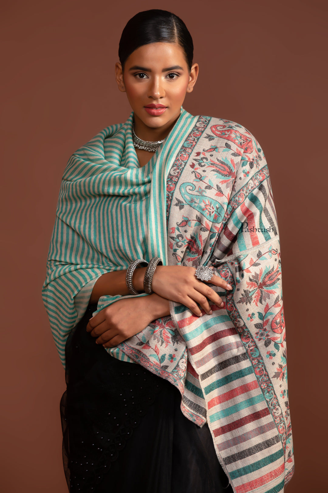 Pashtush India Gift Pack Pashtush His and Her Gift Set of Fine Wool Mens Stole and Womens Shawl with Woven Palla Design