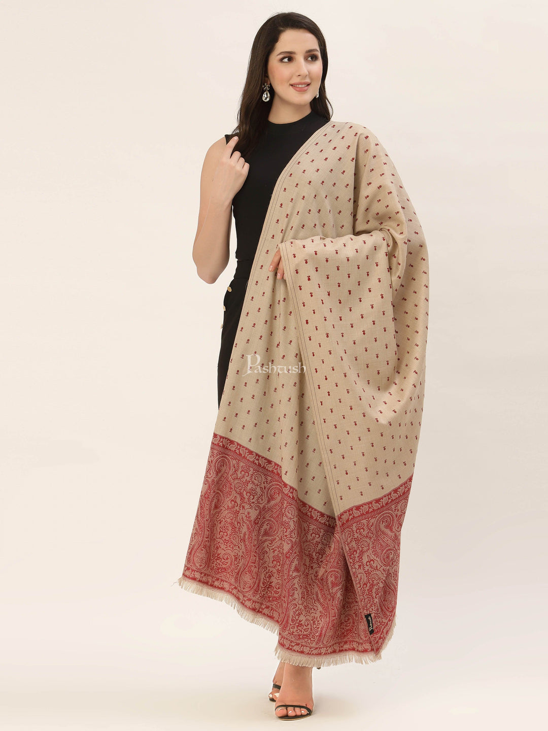 Pashtush India Gift Pack Pashtush His And Her Gift Set Of Fine Wool Paisley Stole And Embroidery Shawl With Premium Gift Box Packaging, Maroon and Beige