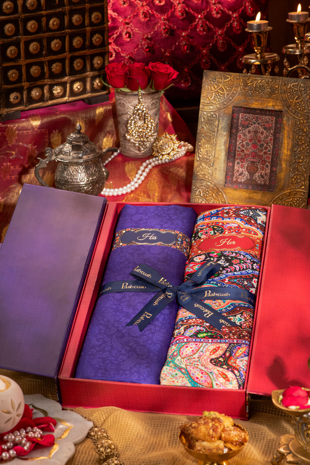 Pashtush India Gift Pack Pashtush His And Her Gift Set Of Fine Wool Self Stole and Bamboo Stole With Premium Gift Box Packaging, Violet and Multicolour