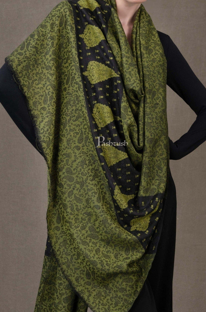 Pashtush India Gift Pack Pashtush His And Her Gift Set Of Fine Wool Self Stole And Embroidery Shawl With Premium Gift Box Packaging, Rich Black and Green